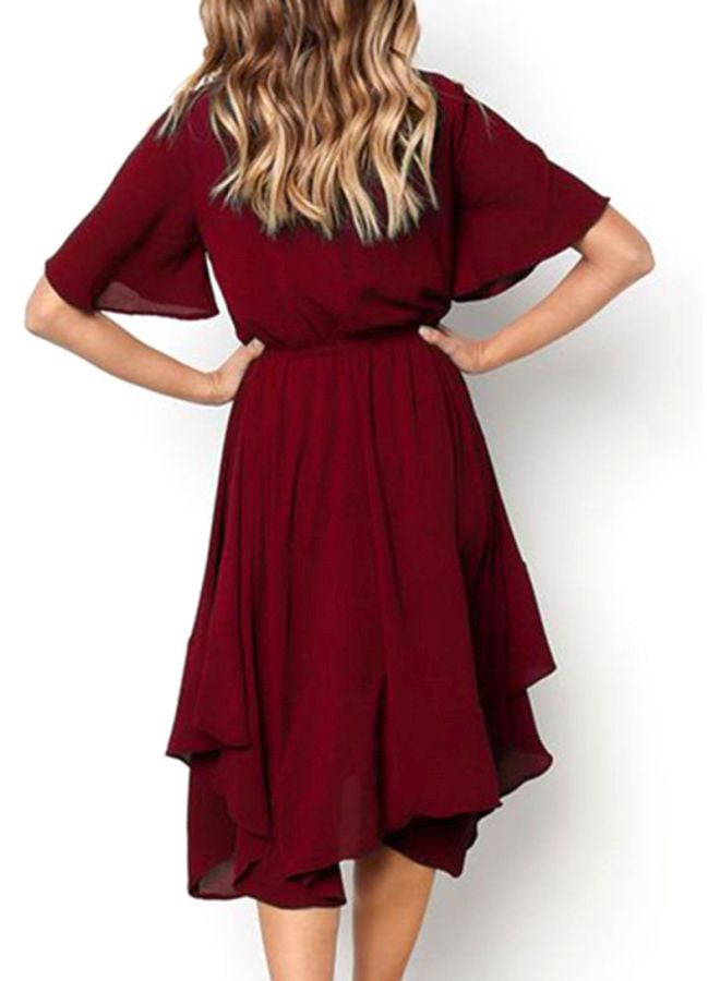 Round Neck Short Sleeve Irregular Dress Burgundy
