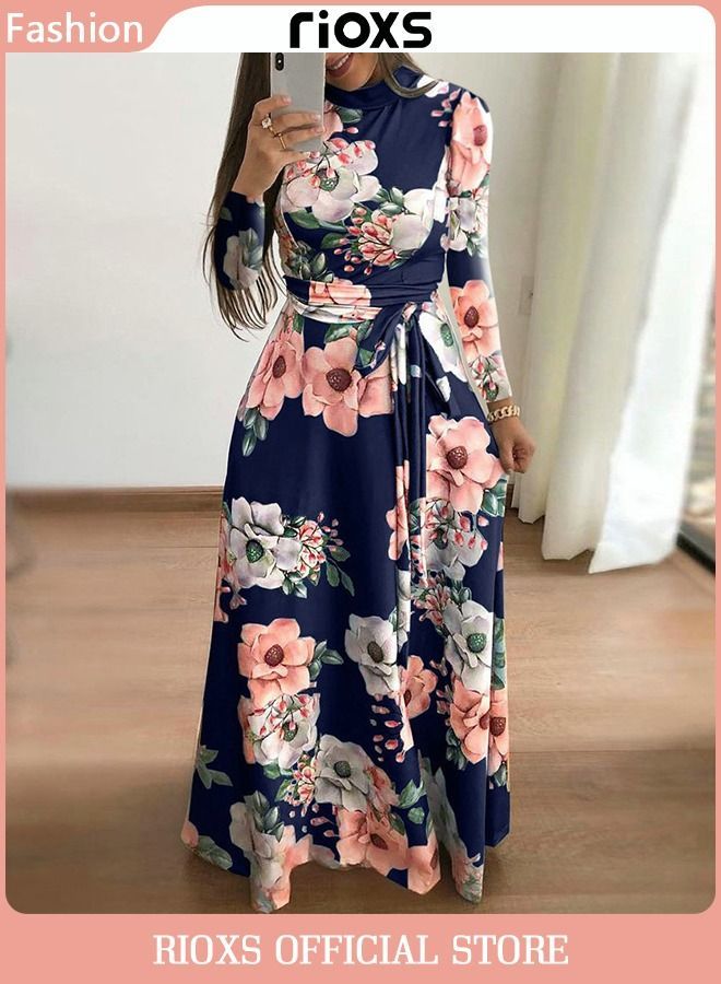 Women's Elegant High Waist Maxi Long Dress Floral Sleeve