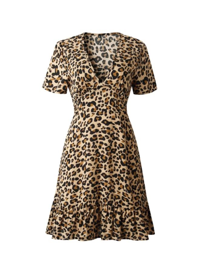 V-Neck Leopard Print Mini Dress Beige/Brown/Black