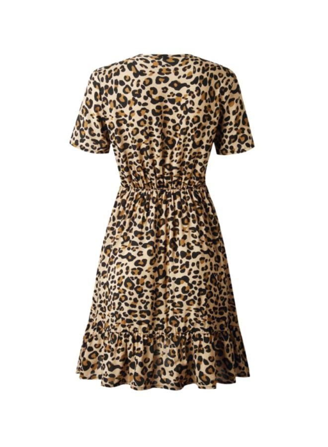 V-Neck Leopard Print Mini Dress Beige/Brown/Black