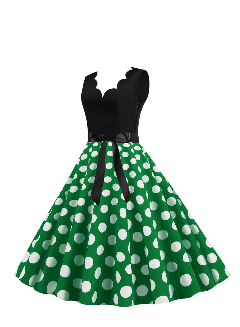V-neck Sleeveless Polka Dot Lace Up Waist Retro Large Swing Dress Green/White