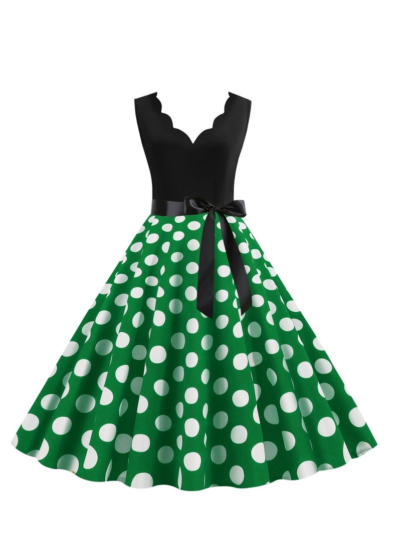 V-neck Sleeveless Polka Dot Lace Up Waist Retro Large Swing Dress Green/White