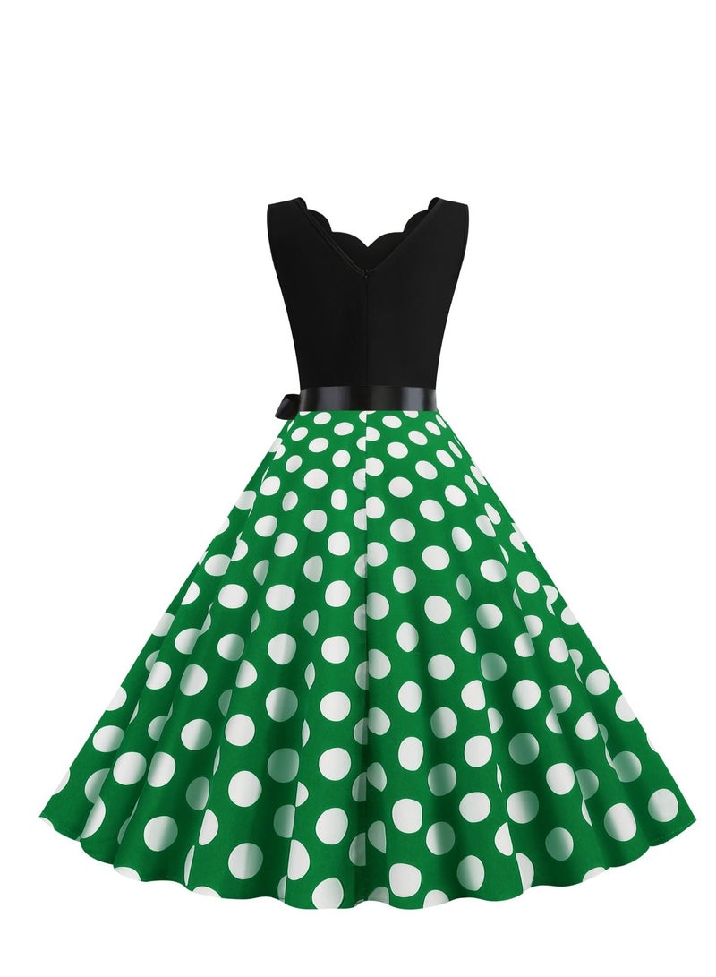 V-neck Sleeveless Polka Dot Lace Up Waist Retro Large Swing Dress Green/White