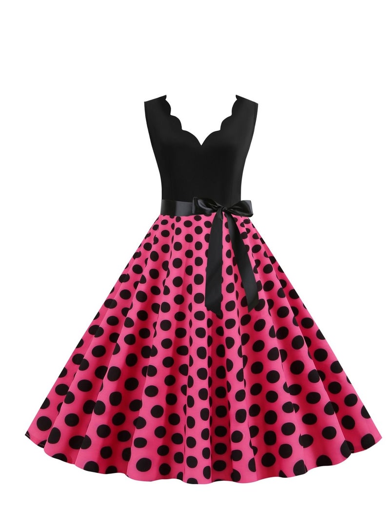 V-neck Sleeveless Polka Dot Lace Up Waist Retro Large Swing Dress Rose Red/Black