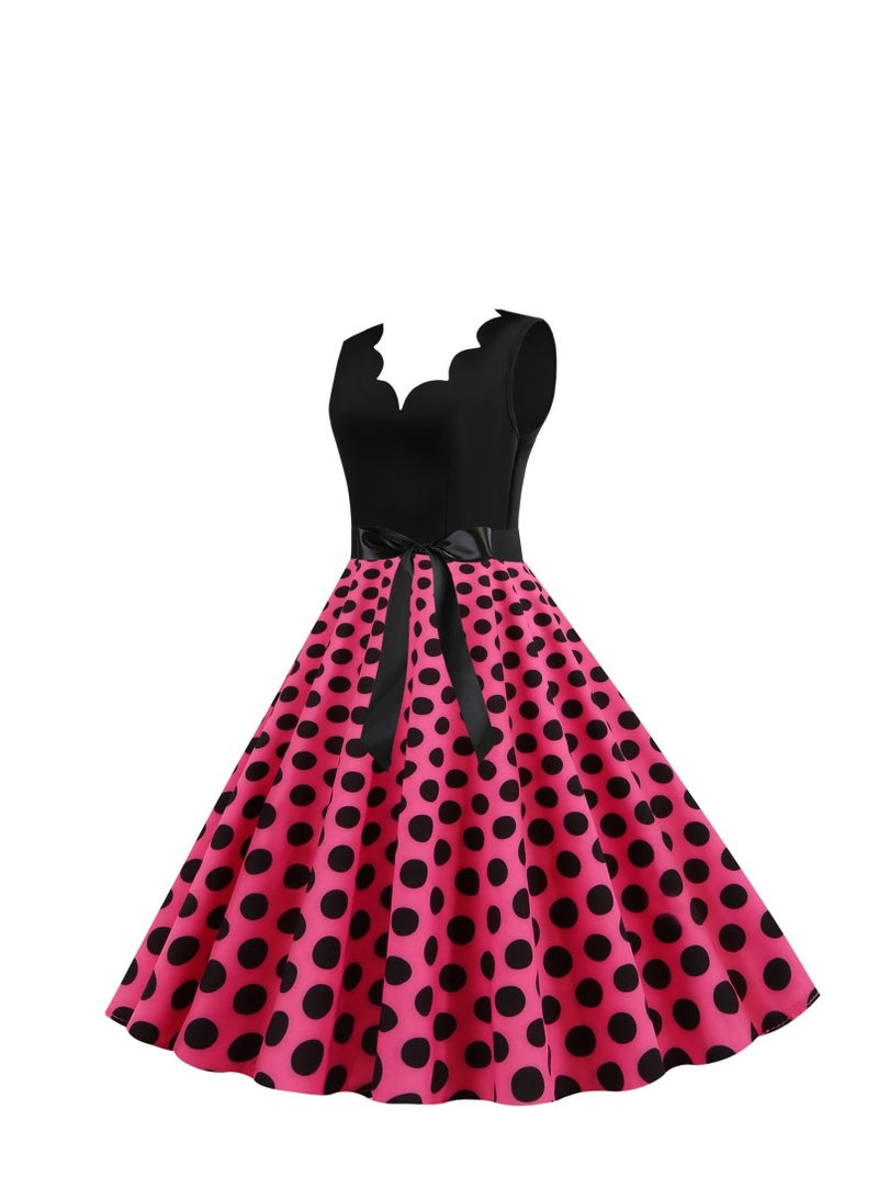 V-neck Sleeveless Polka Dot Lace Up Waist Retro Large Swing Dress Rose Red/Black