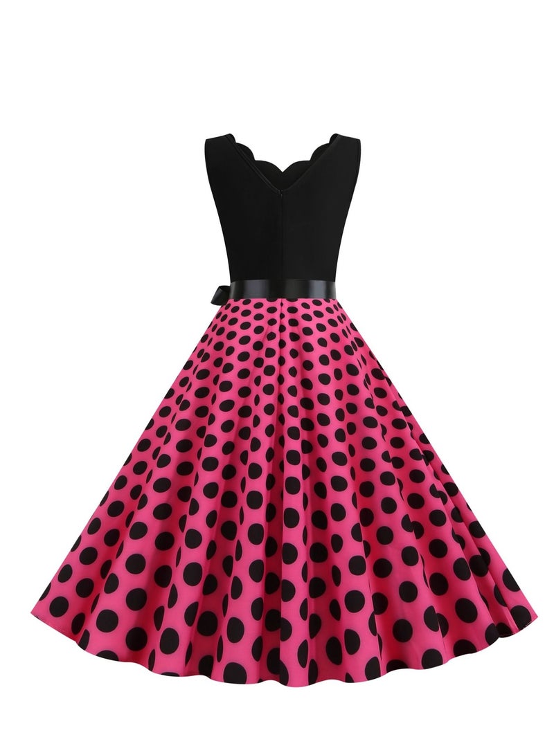 V-neck Sleeveless Polka Dot Lace Up Waist Retro Large Swing Dress Rose Red/Black