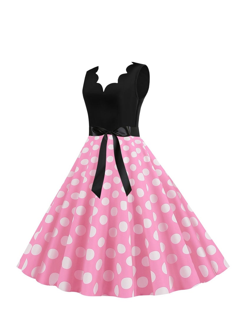 V-neck Sleeveless Polka Dot Lace Up Waist Retro Large Swing Dress Pink/White