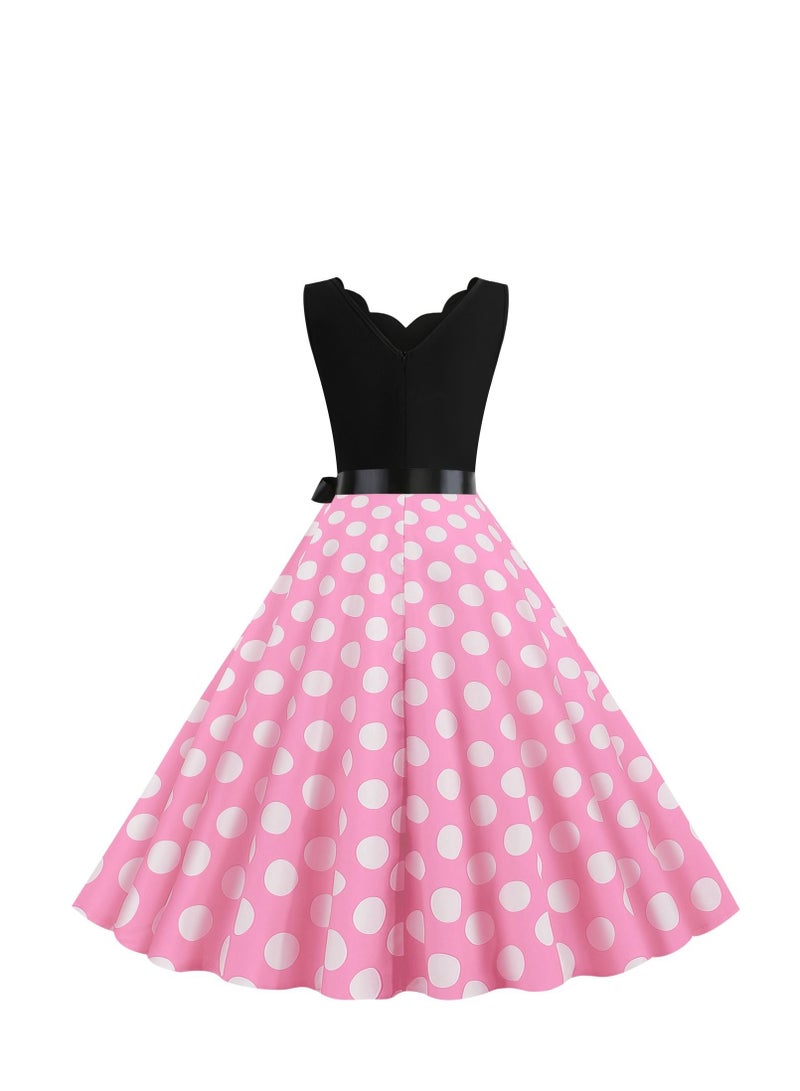 V-neck Sleeveless Polka Dot Lace Up Waist Retro Large Swing Dress Pink/White