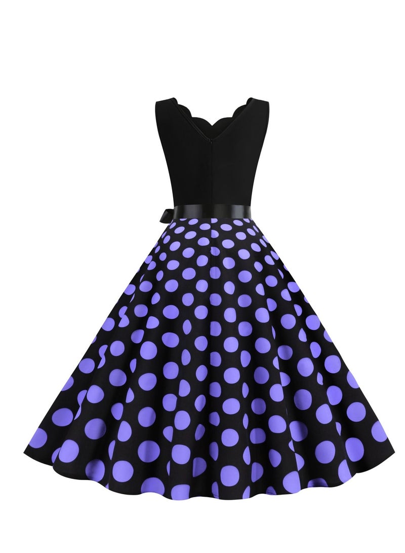 V-neck Sleeveless Polka Dot Lace Up Waist Retro Large Swing Dress Black/Purple