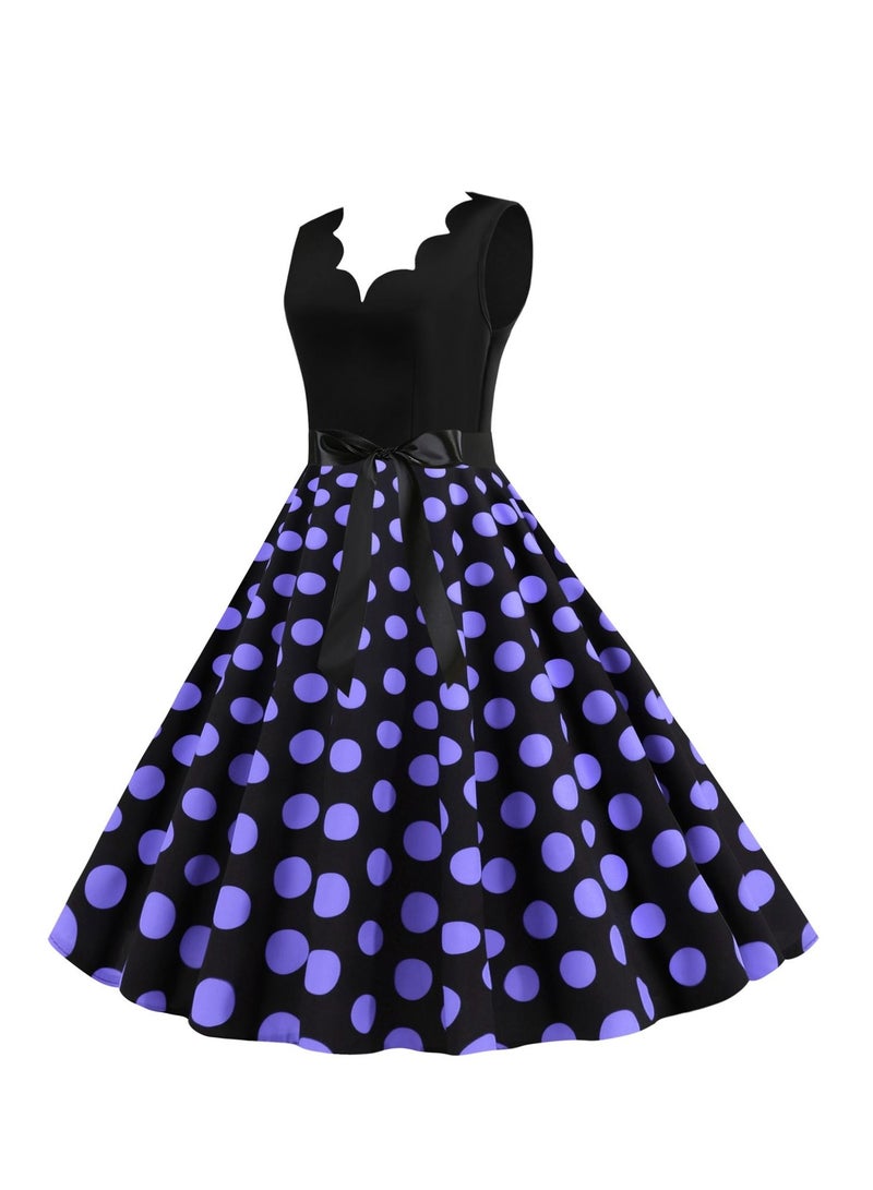 V-neck Sleeveless Polka Dot Lace Up Waist Retro Large Swing Dress Black/Purple