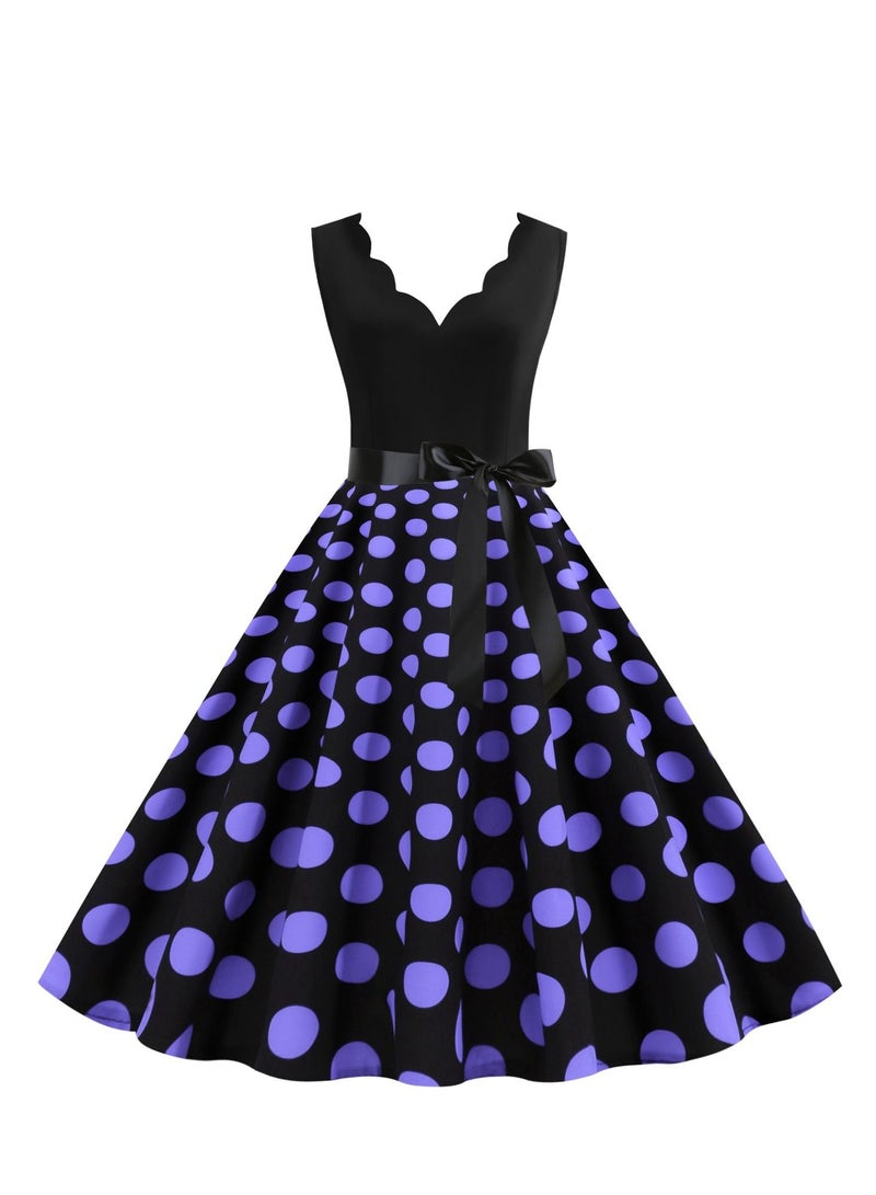 V-neck Sleeveless Polka Dot Lace Up Waist Retro Large Swing Dress Black/Purple