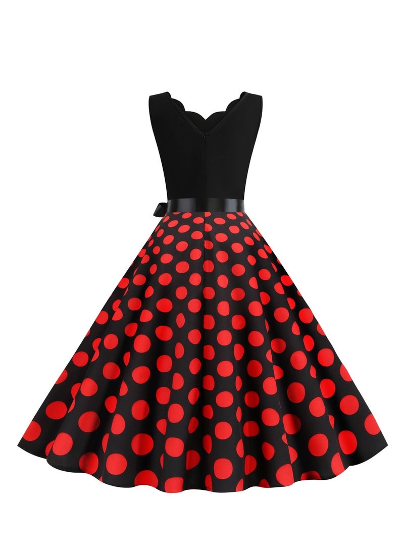 V-neck Sleeveless Polka Dot Lace Up Waist Retro Large Swing Dress Black/Red
