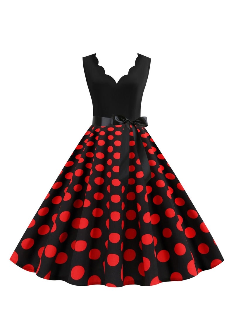V-neck Sleeveless Polka Dot Lace Up Waist Retro Large Swing Dress Black/Red