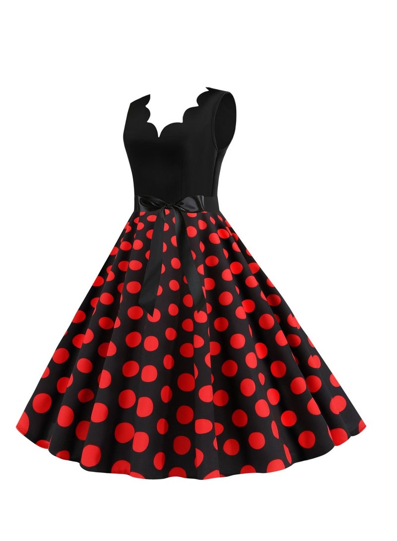 V-neck Sleeveless Polka Dot Lace Up Waist Retro Large Swing Dress Black/Red