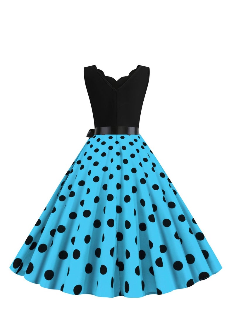 V-neck Sleeveless Polka Dot Lace Up Waist Retro Large Swing Dress Sky Blue/White