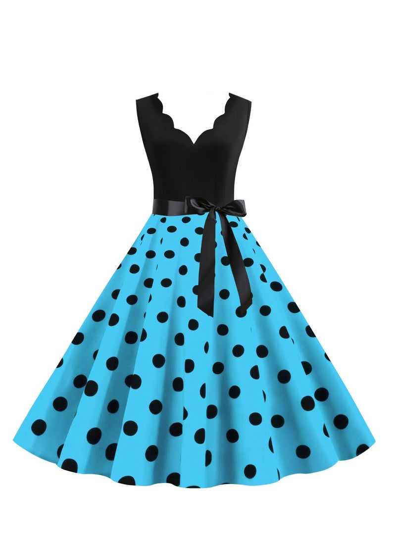 V-neck Sleeveless Polka Dot Lace Up Waist Retro Large Swing Dress Sky Blue/White