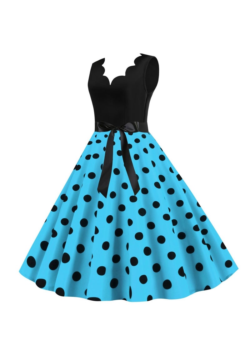 V-neck Sleeveless Polka Dot Lace Up Waist Retro Large Swing Dress Sky Blue/White