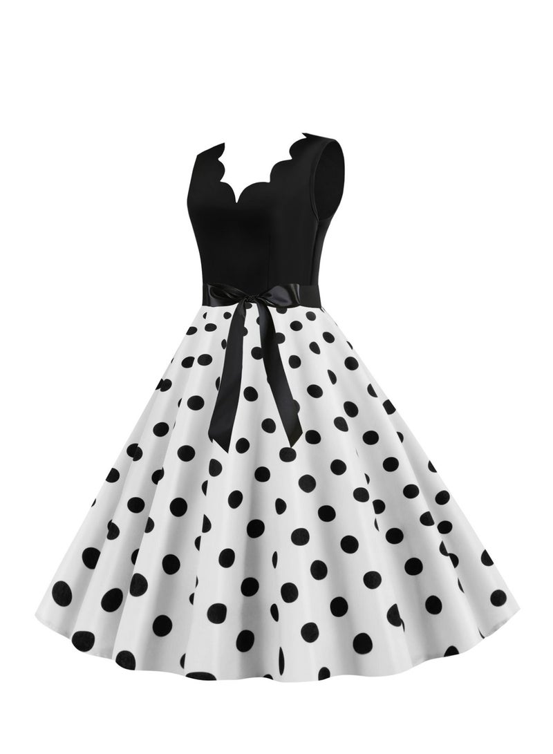 V-neck Sleeveless Polka Dot Lace Up Waist Retro Large Swing Dress White/Black