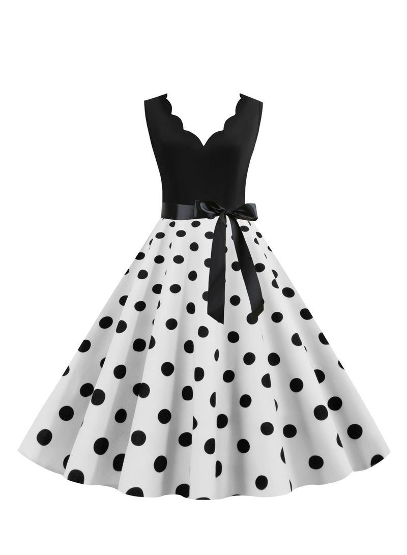 V-neck Sleeveless Polka Dot Lace Up Waist Retro Large Swing Dress White/Black