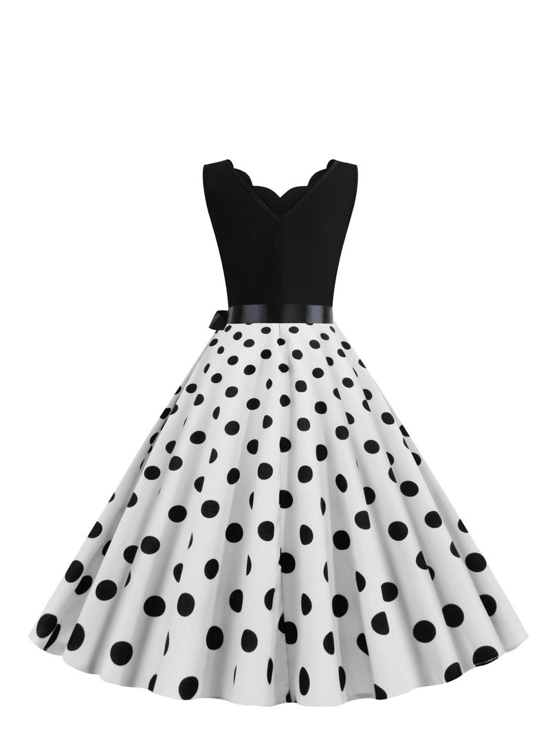 V-neck Sleeveless Polka Dot Lace Up Waist Retro Large Swing Dress White/Black
