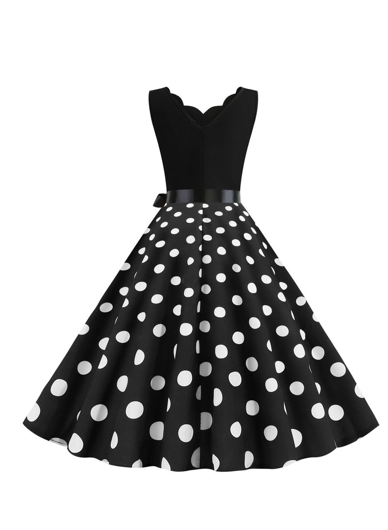 V-neck Sleeveless Polka Dot Lace Up Waist Retro Large Swing Dress Black/White
