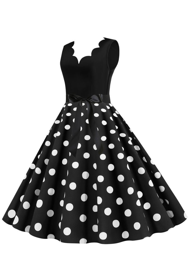 V-neck Sleeveless Polka Dot Lace Up Waist Retro Large Swing Dress Black/White