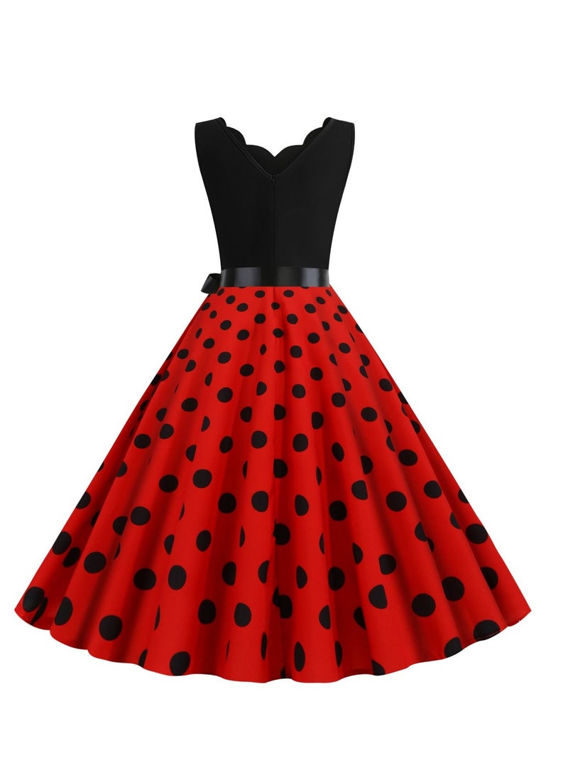 V-neck Sleeveless Polka Dot Lace Up Waist Retro Large Swing Dress Red/Black