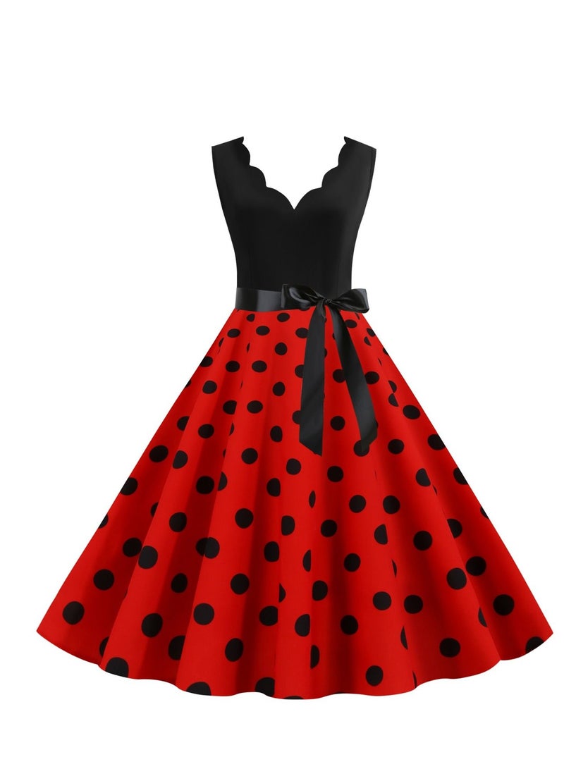 V-neck Sleeveless Polka Dot Lace Up Waist Retro Large Swing Dress Red/Black