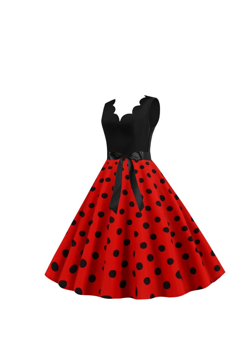 V-neck Sleeveless Polka Dot Lace Up Waist Retro Large Swing Dress Red/Black