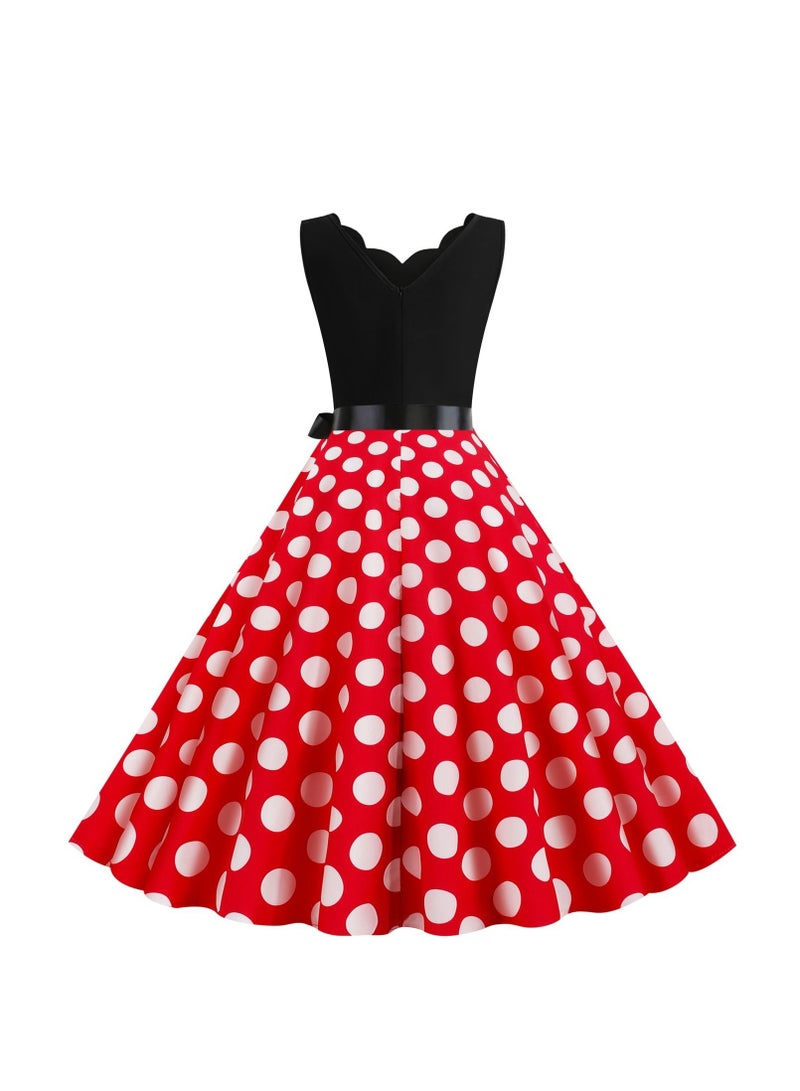 V-neck Sleeveless Polka Dot Lace Up Waist Retro Large Swing Dress Red/White