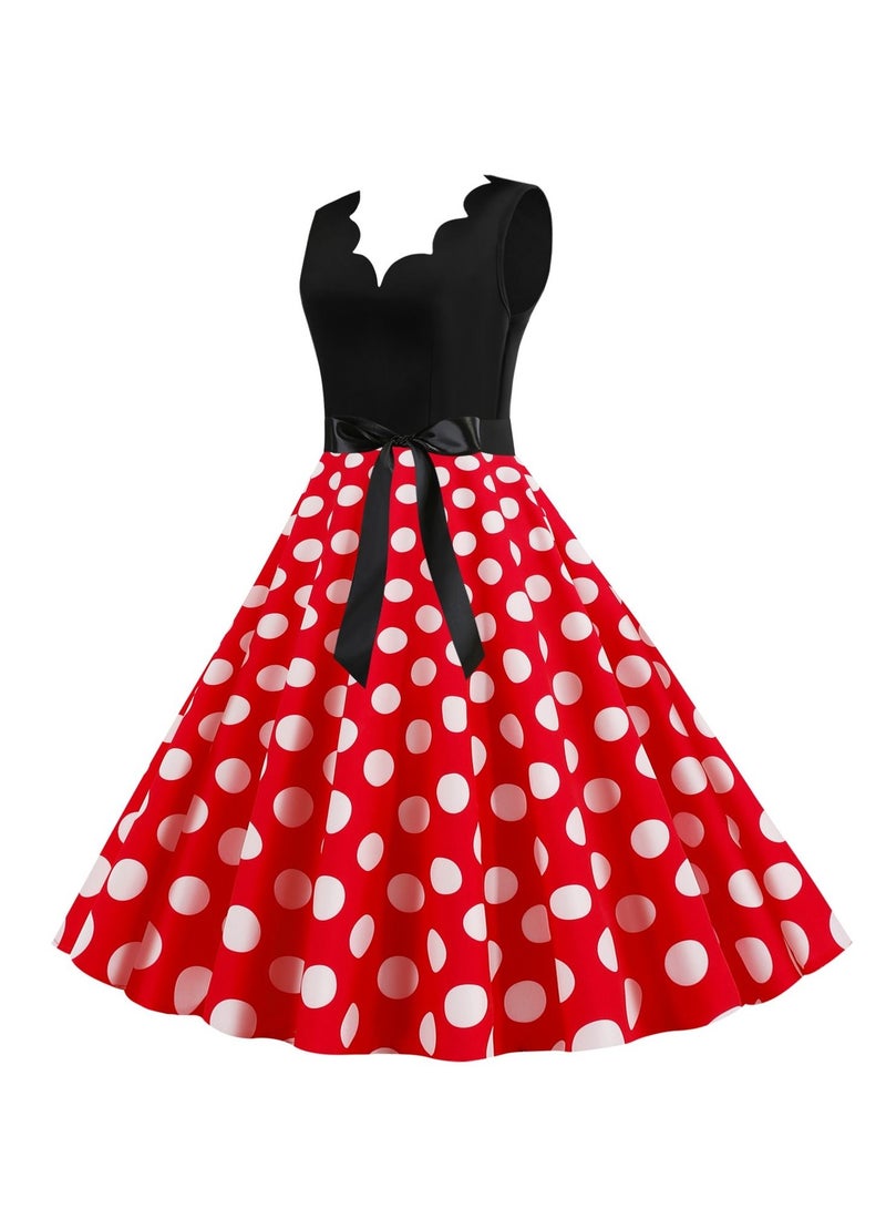 V-neck Sleeveless Polka Dot Lace Up Waist Retro Large Swing Dress Red/White
