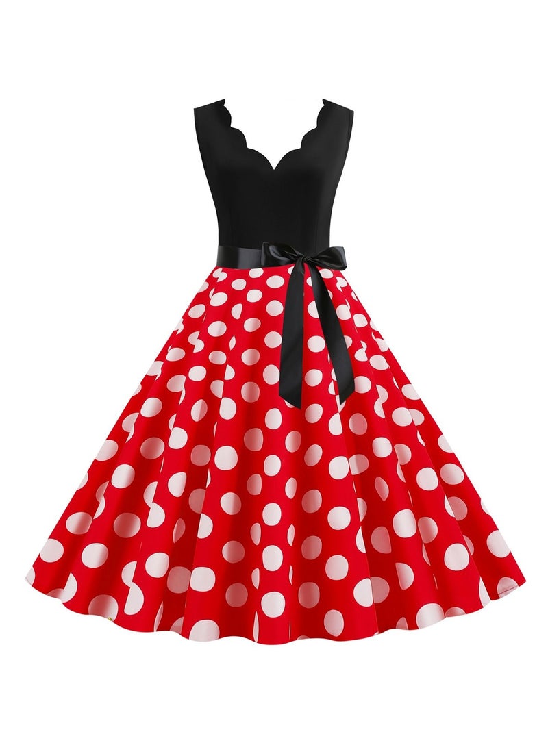 V-neck Sleeveless Polka Dot Lace Up Waist Retro Large Swing Dress Red/White