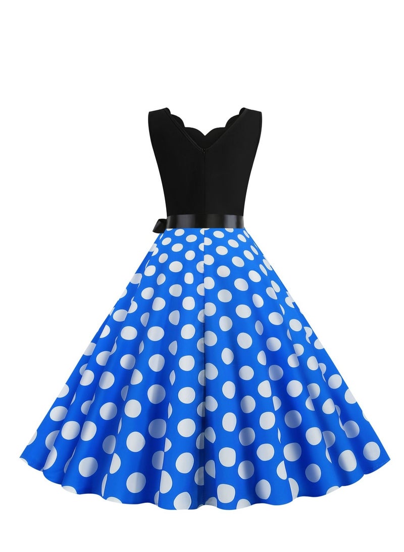 V-neck Sleeveless Polka Dot Lace Up Waist Retro Large Swing Dress Blue/White
