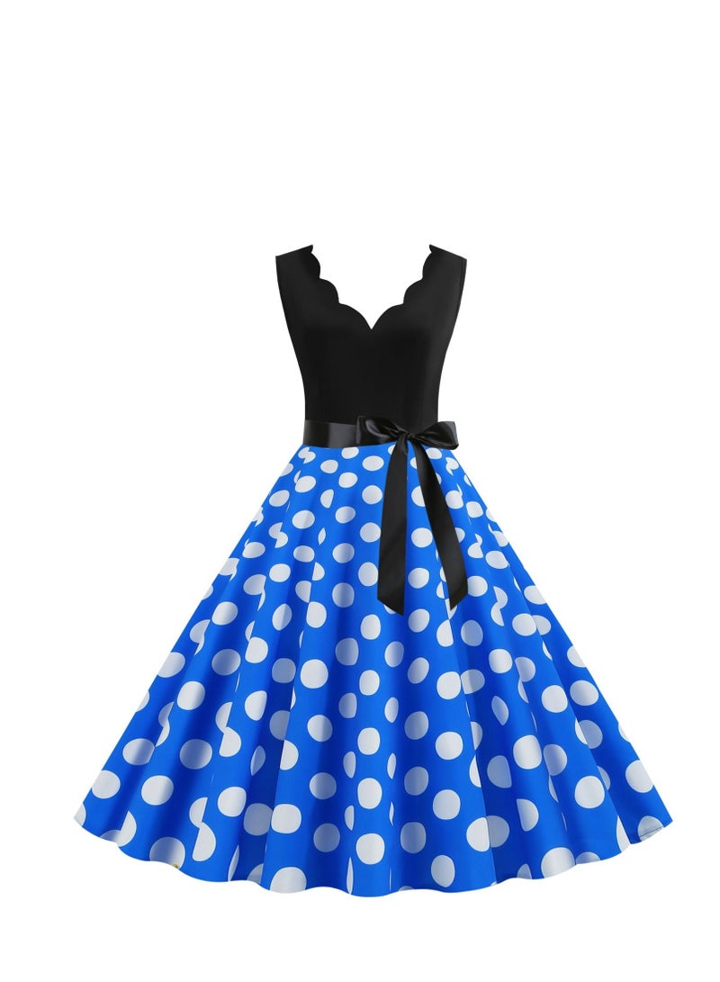 V-neck Sleeveless Polka Dot Lace Up Waist Retro Large Swing Dress Blue/White