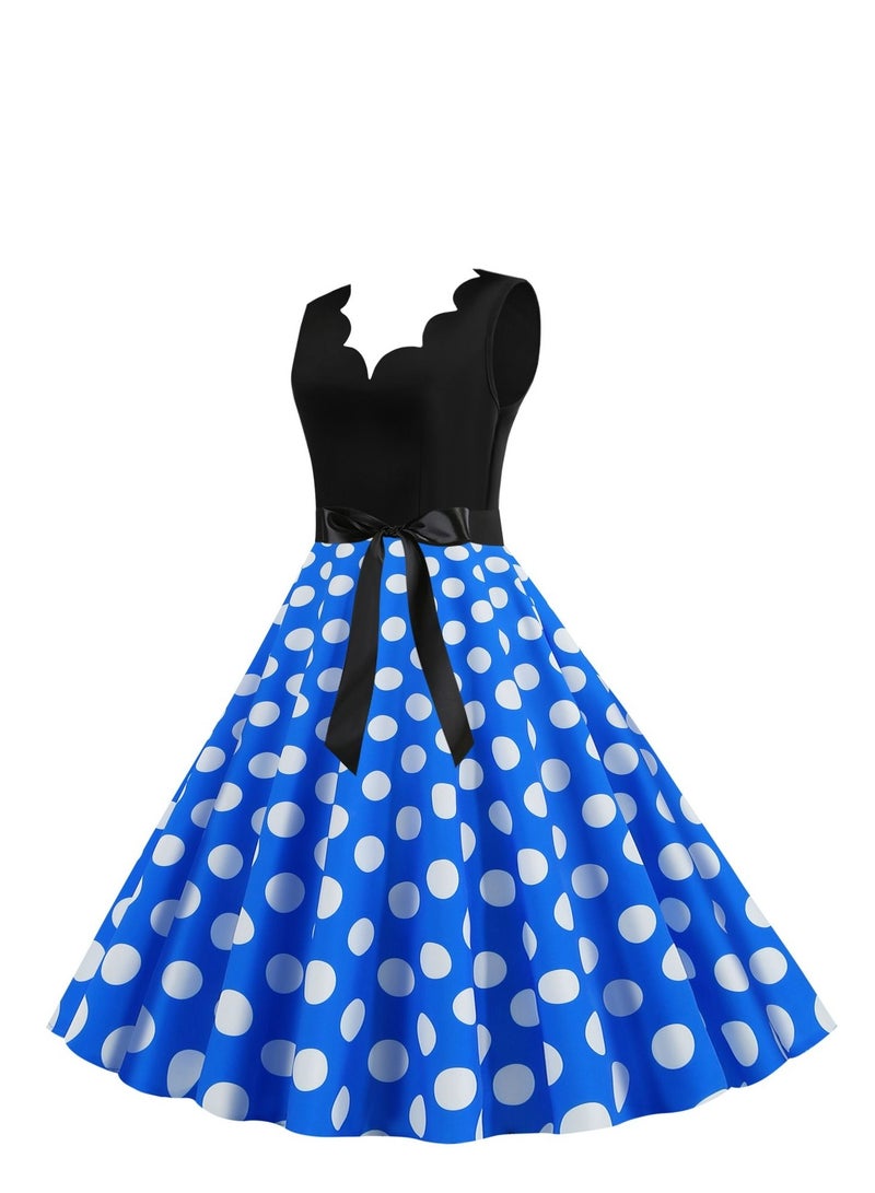 V-neck Sleeveless Polka Dot Lace Up Waist Retro Large Swing Dress Blue/White