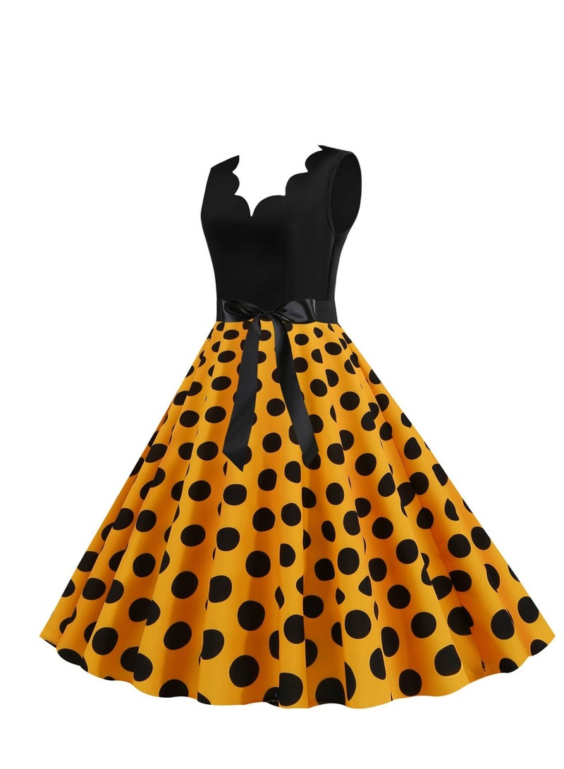 V-neck Sleeveless Polka Dot Lace Up Waist Retro Large Swing Dress Yellow/Black
