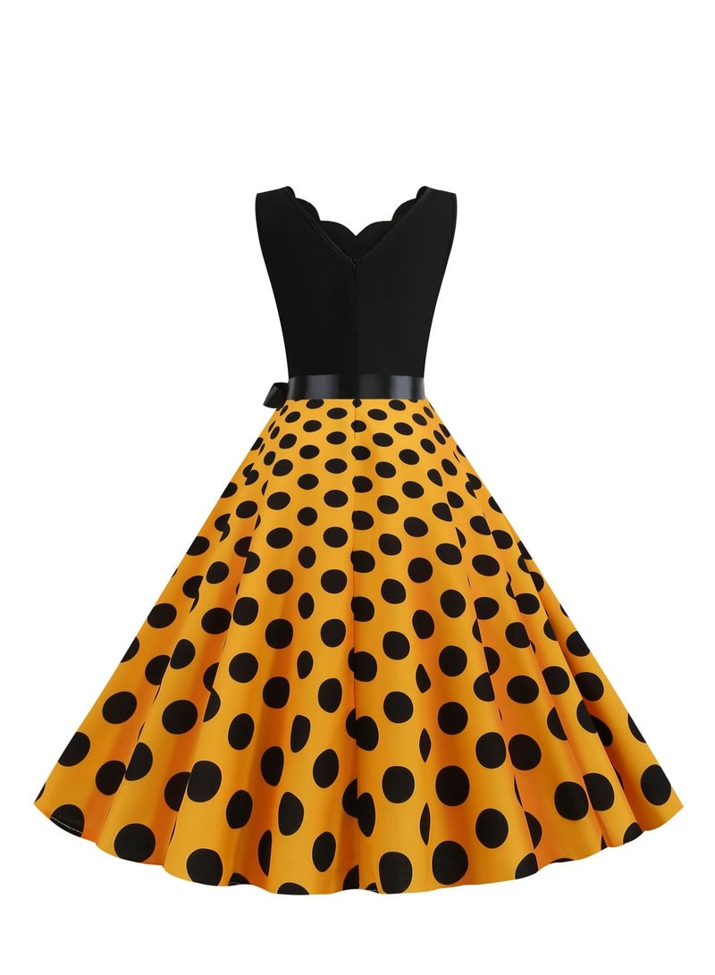V-neck Sleeveless Polka Dot Lace Up Waist Retro Large Swing Dress Yellow/Black