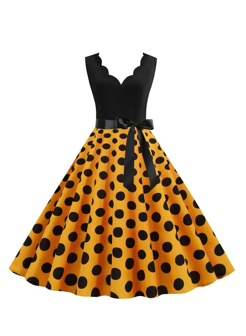 V-neck Sleeveless Polka Dot Lace Up Waist Retro Large Swing Dress Yellow/Black