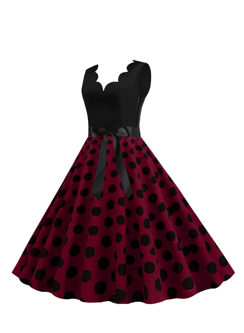 V-neck Sleeveless Polka Dot Lace Up Waist Retro Large Swing Dress Purple/Black