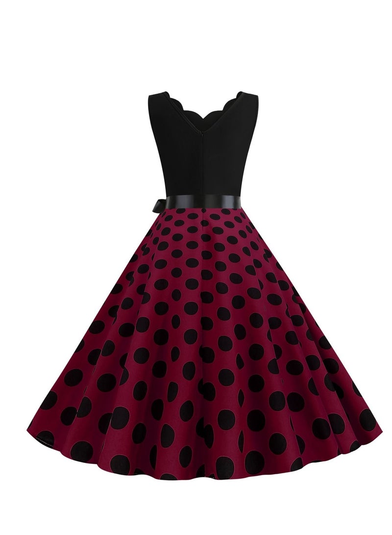 V-neck Sleeveless Polka Dot Lace Up Waist Retro Large Swing Dress Purple/Black