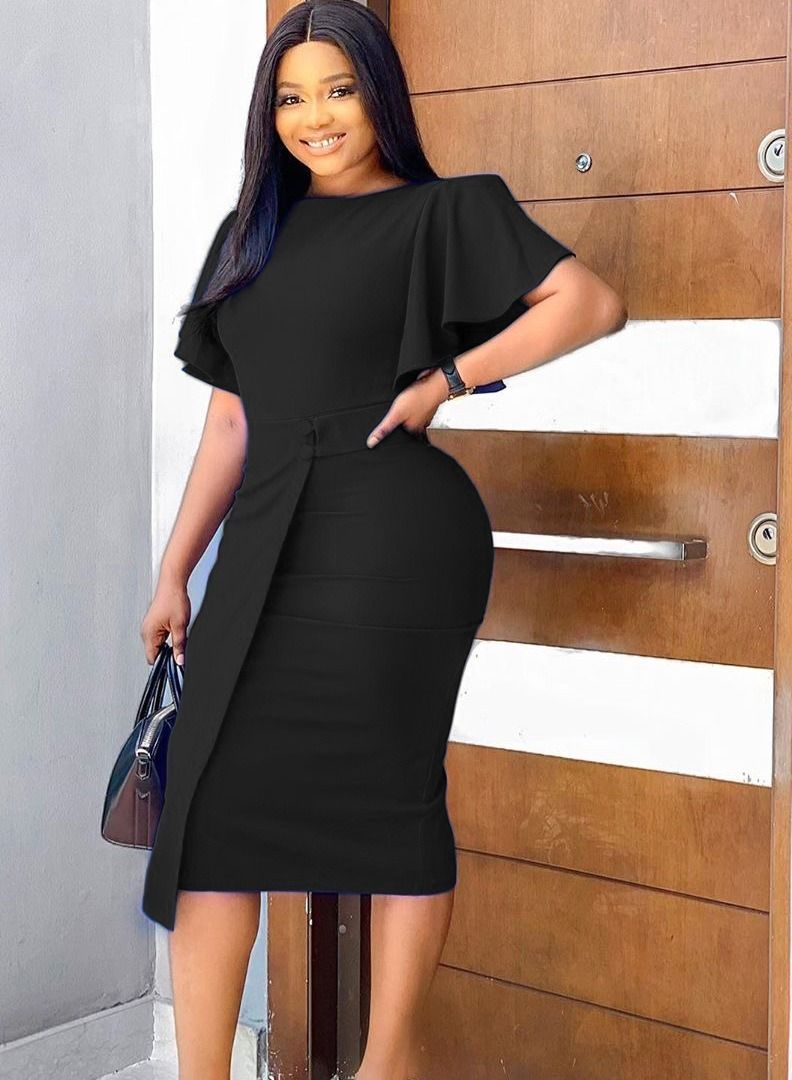New Solid Color High waist Temperament Commuter Dress Black