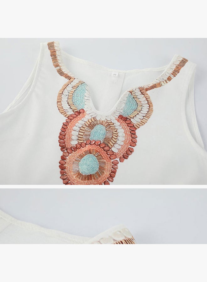 Elegant Neck Design Dress White/Copper/Blue