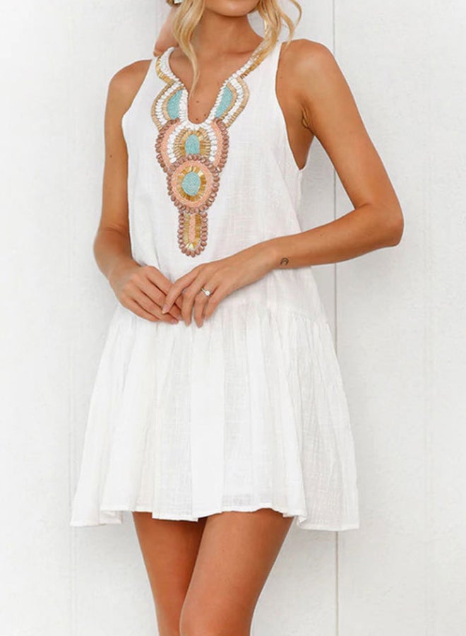 Elegant Neck Design Dress White/Copper/Blue