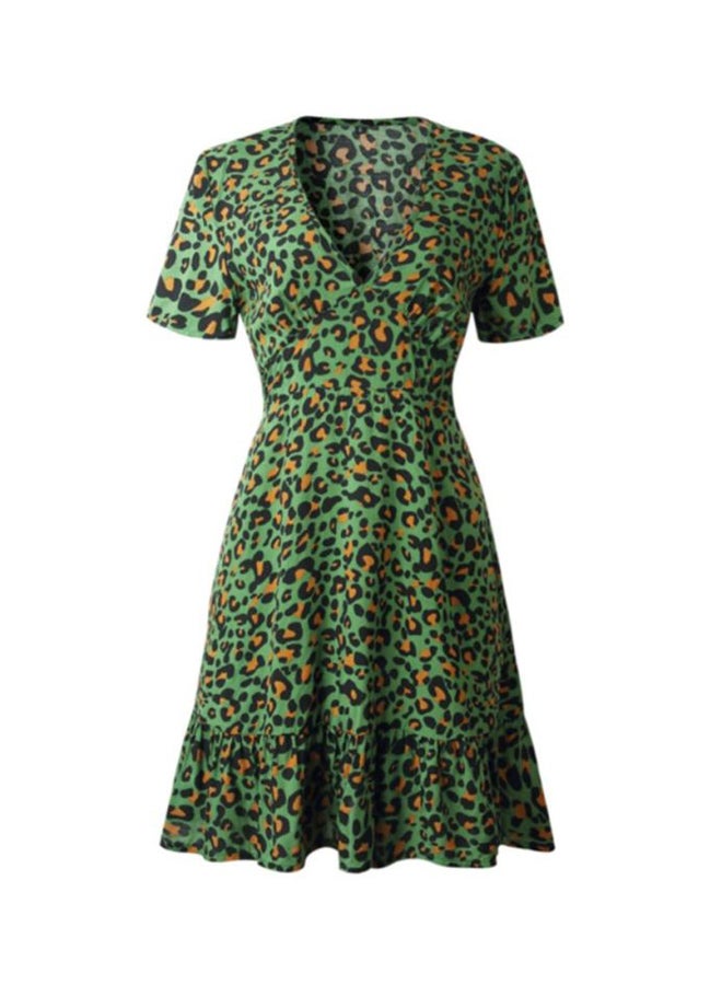 V-Neck Leopard Print Mini Dress Green/Black/Yellow