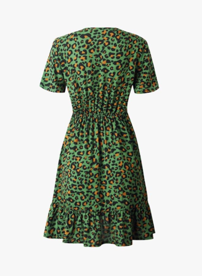 V-Neck Leopard Print Mini Dress Green/Black/Yellow
