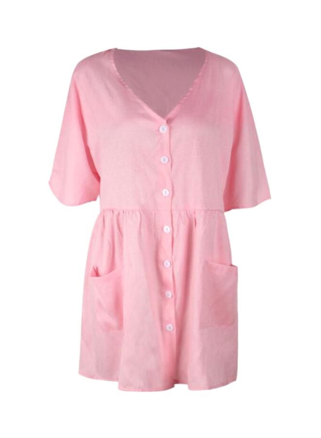 V-Neck Side Pocket Short Sleeve Mini Dress Pink