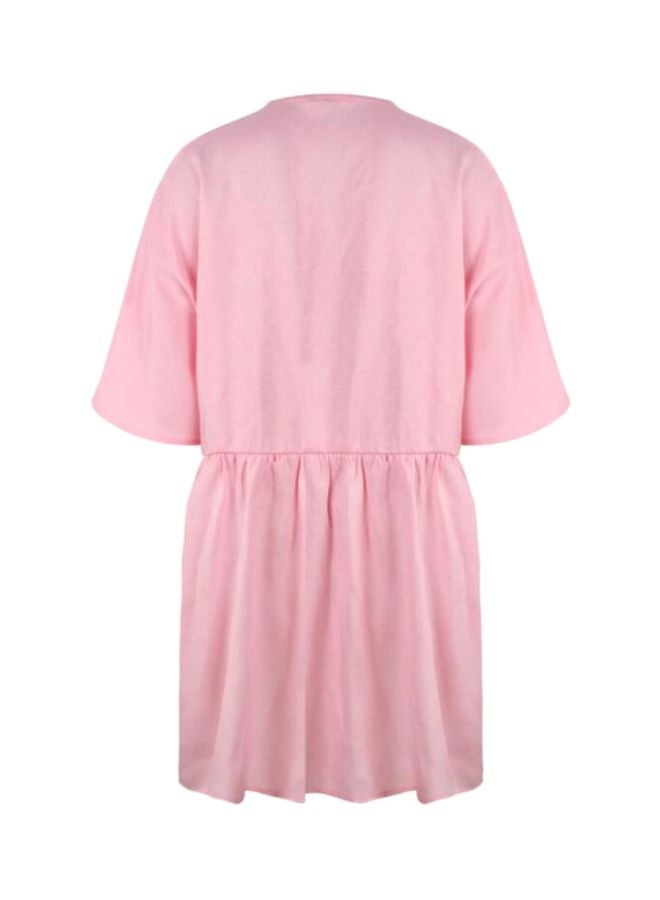 V-Neck Side Pocket Short Sleeve Mini Dress Pink