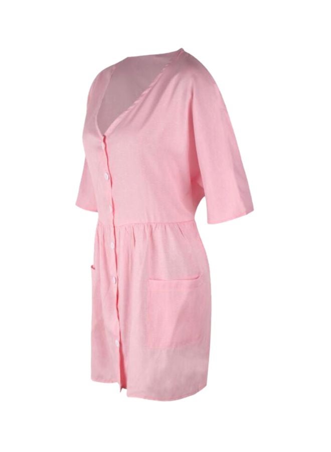 V-Neck Side Pocket Short Sleeve Mini Dress Pink