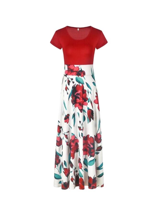 Flower Printed Short Sleeve Maxi Dress Red/White/Green