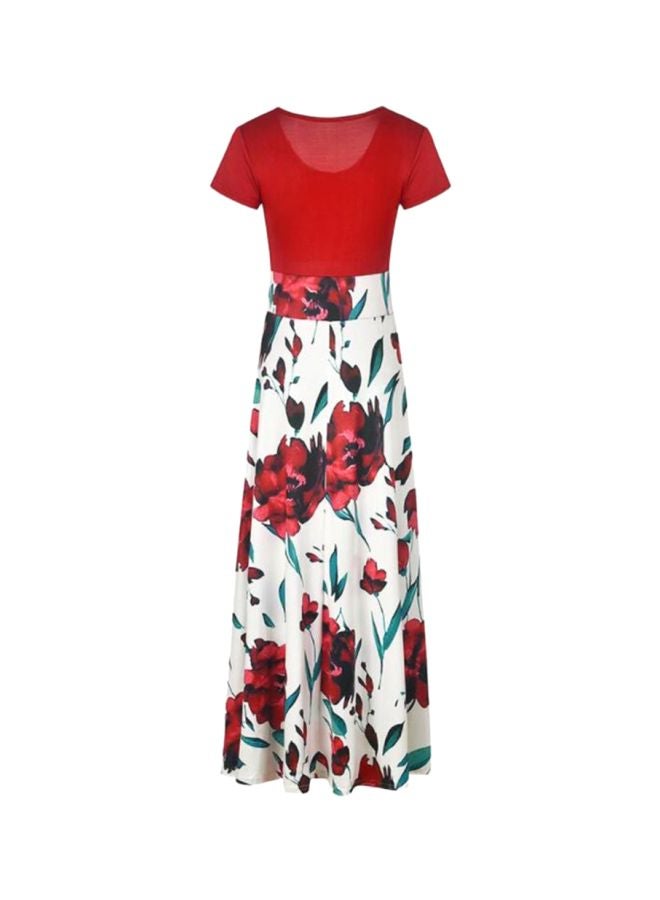 Flower Printed Short Sleeve Maxi Dress Red/White/Green